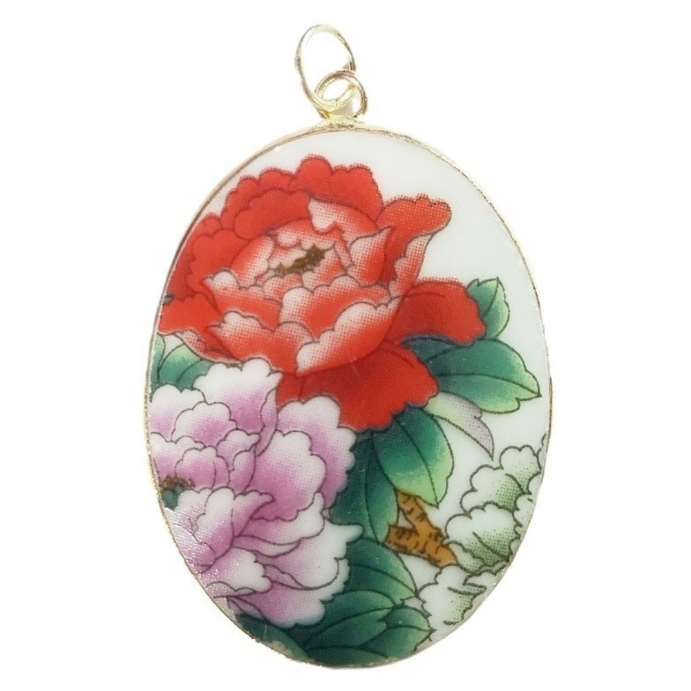 Vintage Floral Pendant Red & Pink Peony Transferware China Pottery Shard Jewelry